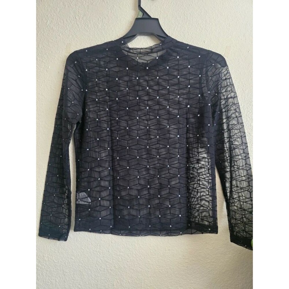 Vertiche Black Sheer Mesh Top with Rhinestone Details – Size Large